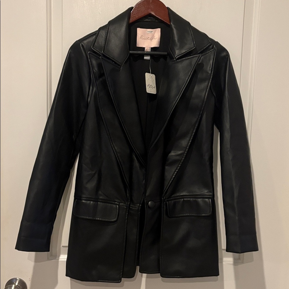 NWT- Free People Black Faux Leather Blazer, XS